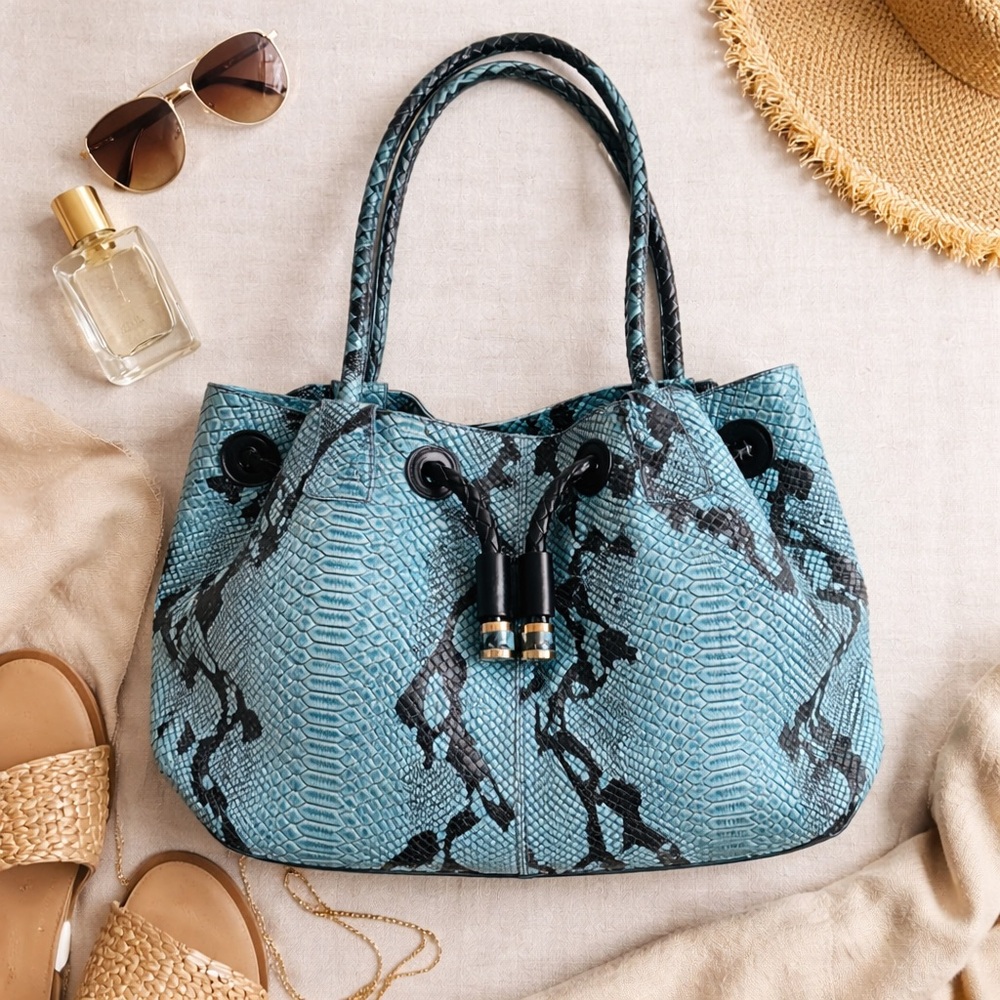 Iris Tyler Blue Snakeskin Embossed Leather Tote Bag Boho Chic